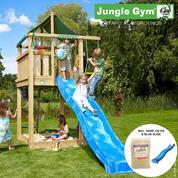 Jungle Gym Lodge leikkitornikokonaisuus ja 120 kg hiekkaa sekä sininen liukumäki