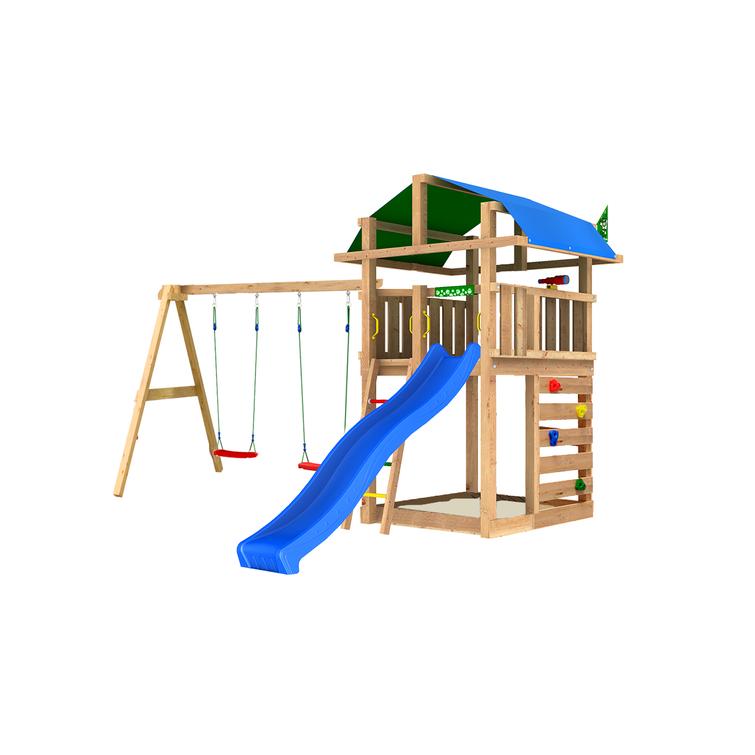 Leikkitorni Jungle Gym Fort 2.1 ja Swing Module sekä sininen liukumäki