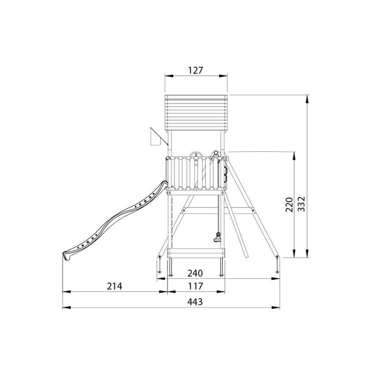 Leikkitorni Jungle Gym Mansion 2.1 ja Swing Module sekä sininen liukumäki
