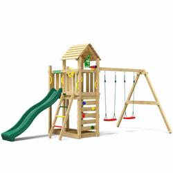 Leikkitornikokonaisuus Jungle Gym Safari 2-Swing Module 200 ja tummanvihreä liukumäki