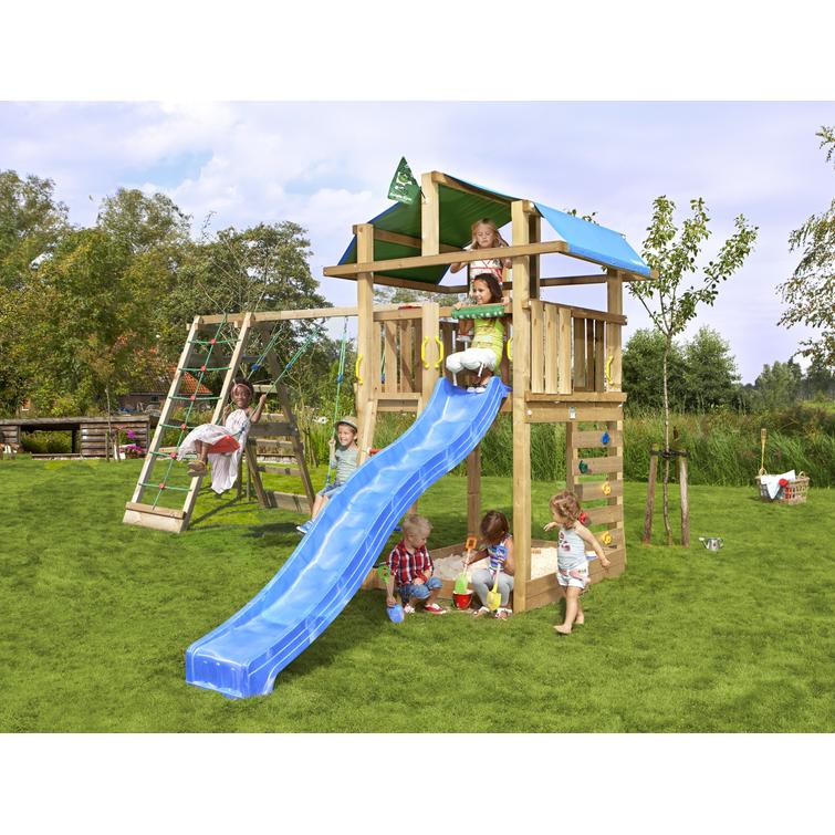 Leikkitorni Jungle Gym Fort 2.1 ja Climb Module sekä sininen liukumäki