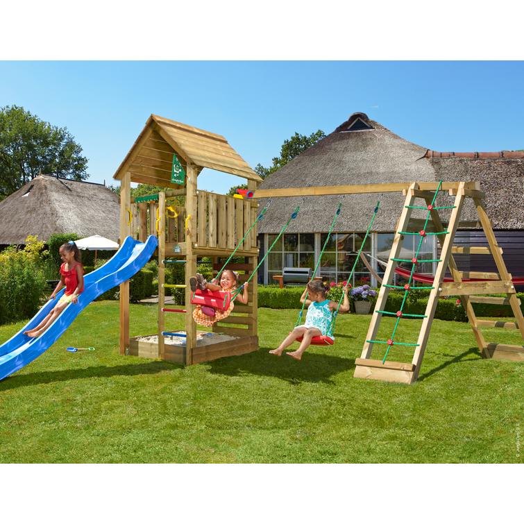 Lektorn Jungle Gym Cabin 2.1 och kl&auml;ttermodul, 120 kg sand och bl&aring; rutschkana