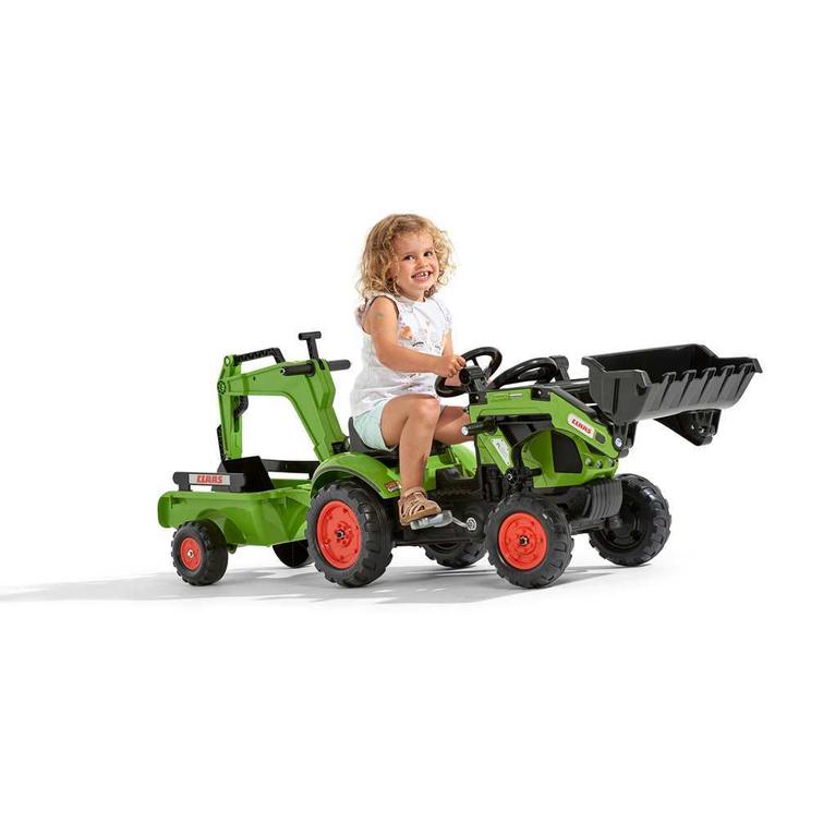 FALK children's pedal tractor with Claas loader, excavator, and trailer