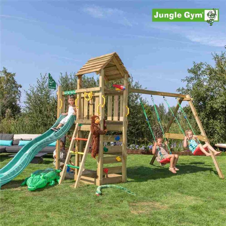 Leikkitornikokonaisuus Jungle Gym Safari 2-Swing Module 200 ja tummanvihreä liukumäki