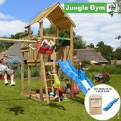 Jungle Gym Palace leikkitorni ja Swing Module X'tra, 120 kg hiekkaa, sininen liukumäki