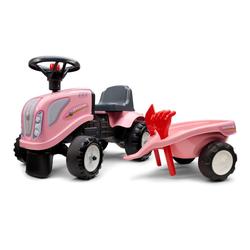 Falk baby New Holland pinkki lasten traktori, per&auml;k&auml;rryll&auml;, haravalla ja lapiolla. 1-3v.