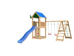 Leikkitorni Jungle Gym Lodge 2.1 ja Climb Module sek&auml; sininen liukum&auml;ki