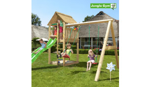 Jungle Gym Cabin leikkitornikokonaisuus ja Swing Module X'tra sekä vihreä liukumäki