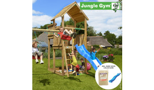 Jungle Gym Palace leikkitorni ja Swing Module X'tra, 120 kg hiekkaa, sininen liukumäki