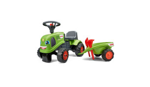 Falk baby Claas lasten traktori, peräkärryllä, haravalla ja lapiolla. 1-3v.