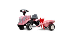 Falk baby New Holland pinkki lasten traktori, peräkärryllä, haravalla ja lapiolla. 1-3v.